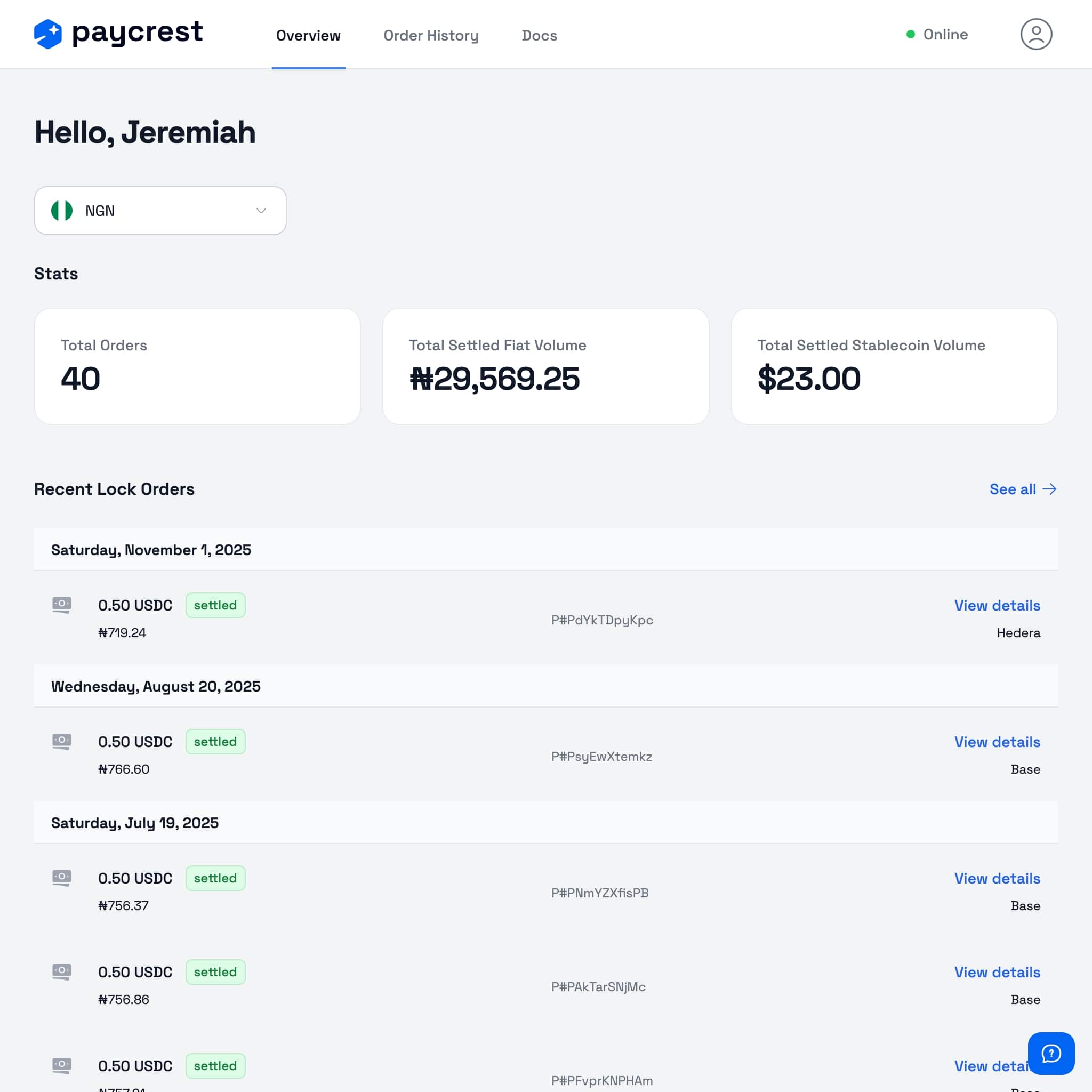 Paycrest Dashboard screenshot